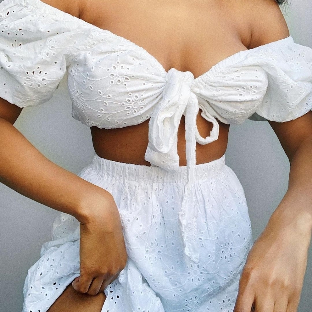 Boohoo two piece white eyelet crop top mini skirt eyelet coord - Picture 2 of 2